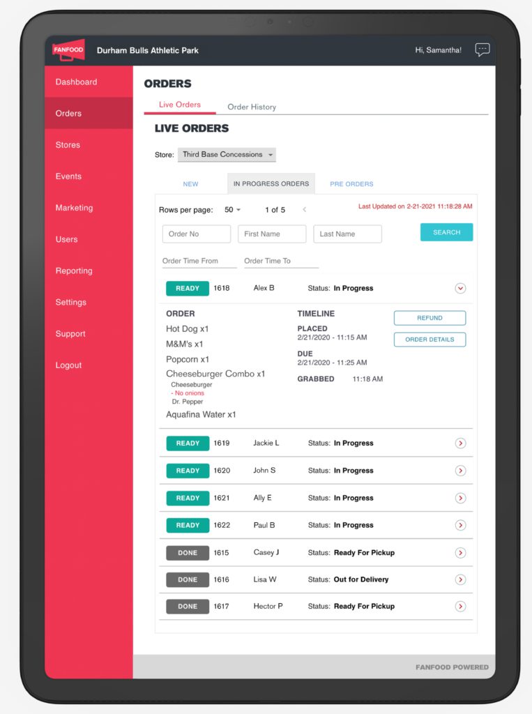 FanFood Manager Portal for digital order management